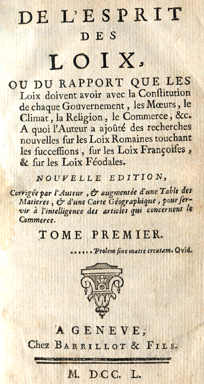 Page de garde de l'Esprit des lois, Genève 1750